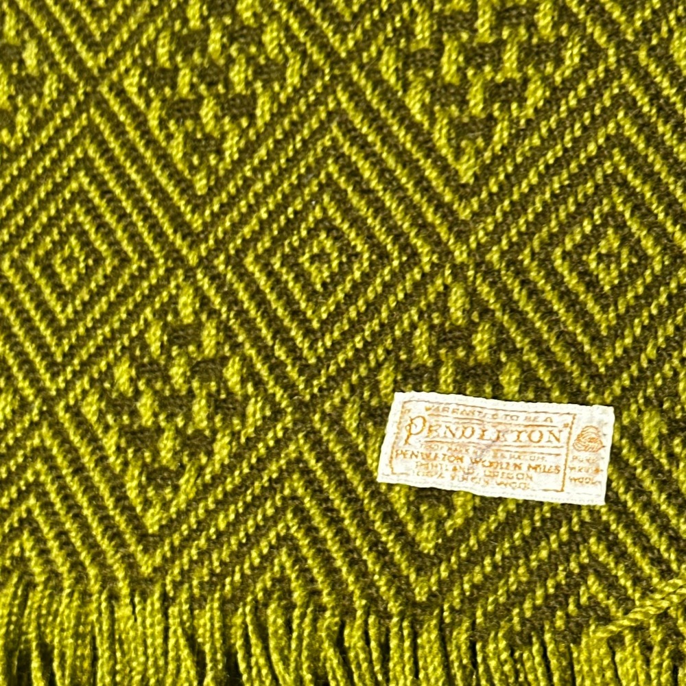 Vintage 60s Pendleton Wool Blanket Olive Green Diamond Geometric 71x52 Throw